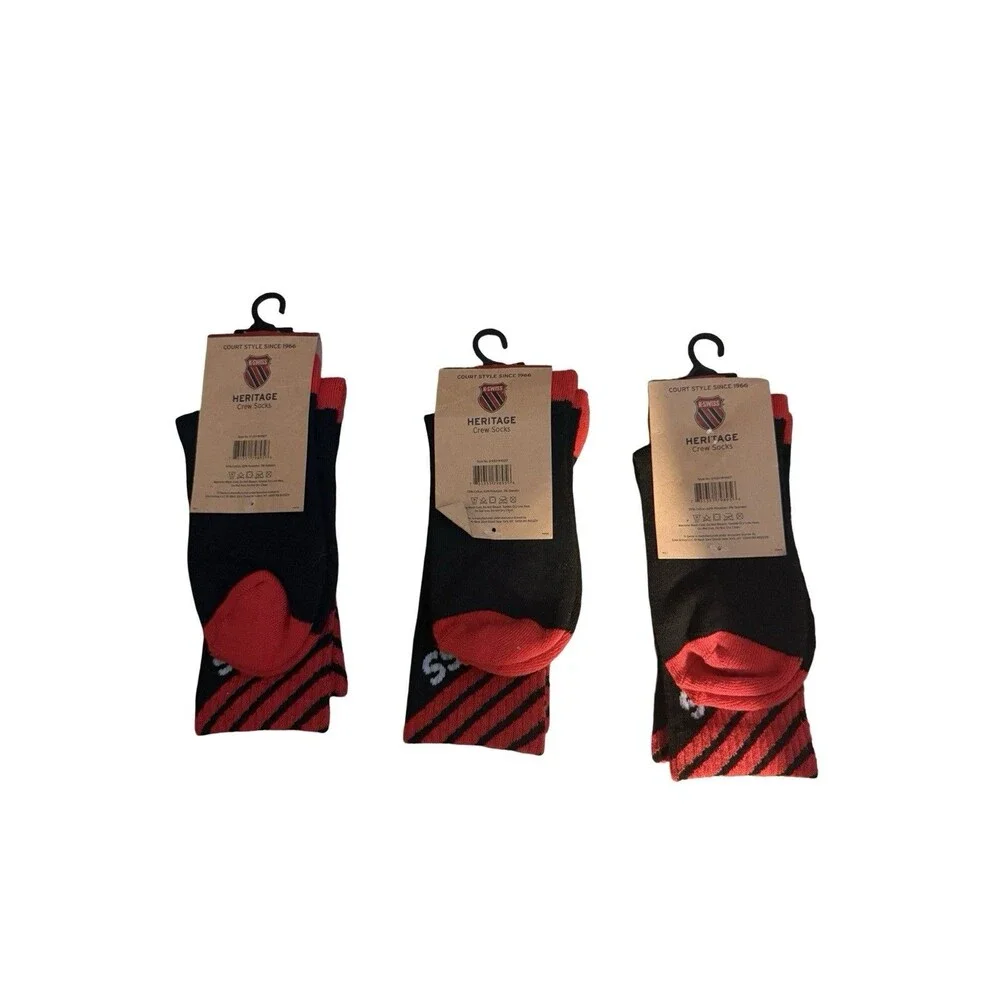 K Swiss Crew Socks Lot 3 Ladies 4-10 Black Red Athletic Sport NWT